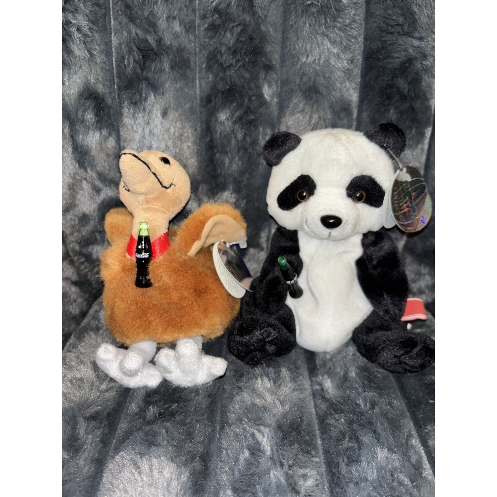 Lot of 2 Coca Cola 1999 International Bean Bag Plush Kelp Kiwi Zongshi Panda - Picture 1 of 3